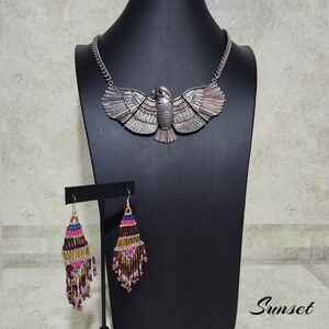 Silver Eagle Necklace and Beaded Earrings Set